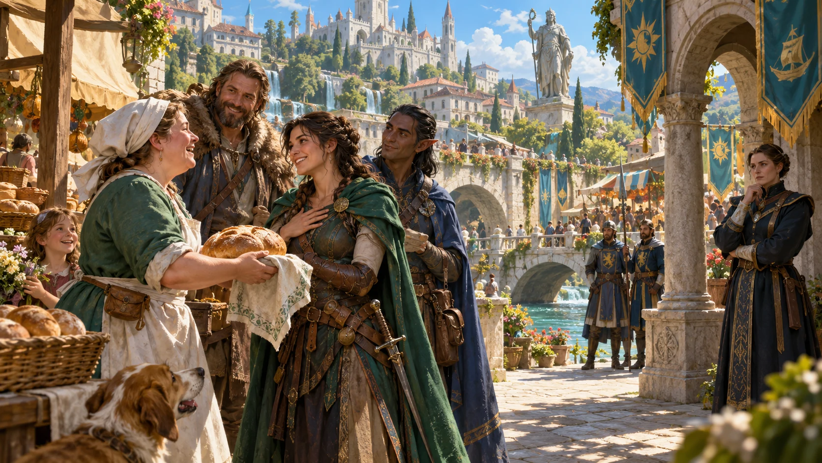 Fantasy illustration of adventurers welcomed by a baker while city officials watch from an archway