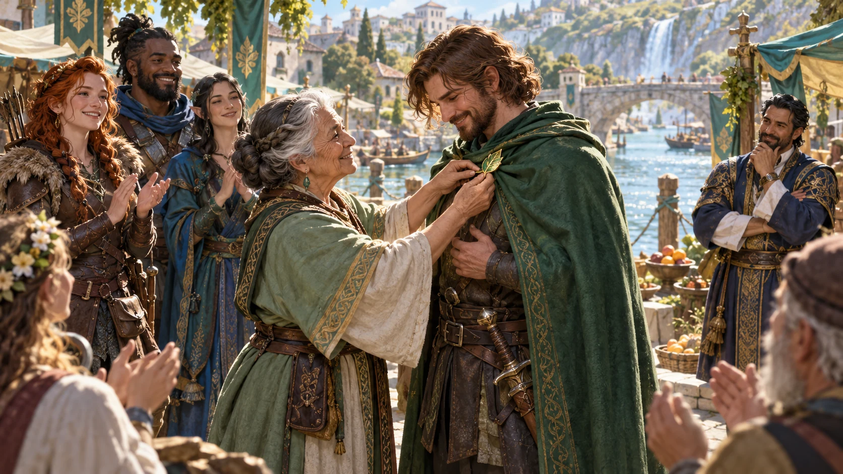 Fantasy illustration of an elder presenting a leaf-shaped badge to an adventurer before applauding companions
