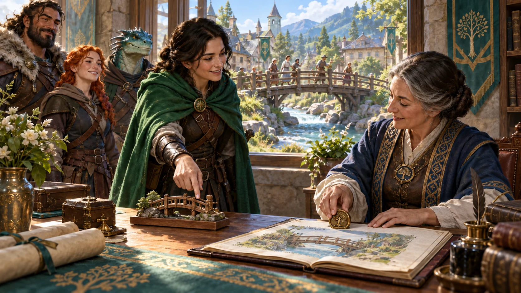 Fantasy illustration of an adventurer discussing a bridge model while a recorder marks a local map